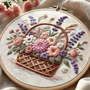 フラワーバスケット PDF 刺繍パターン、花のバスケット、花のバスケット、野生の花、手刺繍 PDF、手刺繍 PDF、DIY ギフト