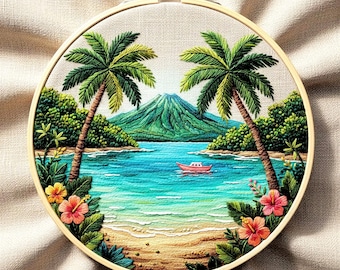 May include: Hand-stitched embroidery art in a wooden hoop. The scene depicts a tropical beach with palm trees, a mountain, and a small boat on turquoise water. Colorful flowers frame the beach scene. The embroidery is on a beige fabric.