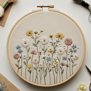 Könnte beinhalten: Gestickte Blumenkunst auf einem Stickrahmen mit einer Vielzahl farbenfroher Blumen in Gelb-, Rosa-, Weiß- und Blautönen. Die Stickerei ist auf einem neutralen Stoff angebracht und von einem Holzrahmen umgeben.