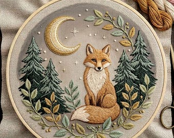 Woodland Fox Embroidery Pattern, Moon Forest Scene, Cottagecore Hoop Art (Digital Download)