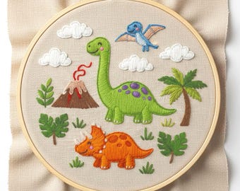 Dinosaur Embroidery Pattern, Jungle Scene, Kids Nursery Decor (PDF Pattern)