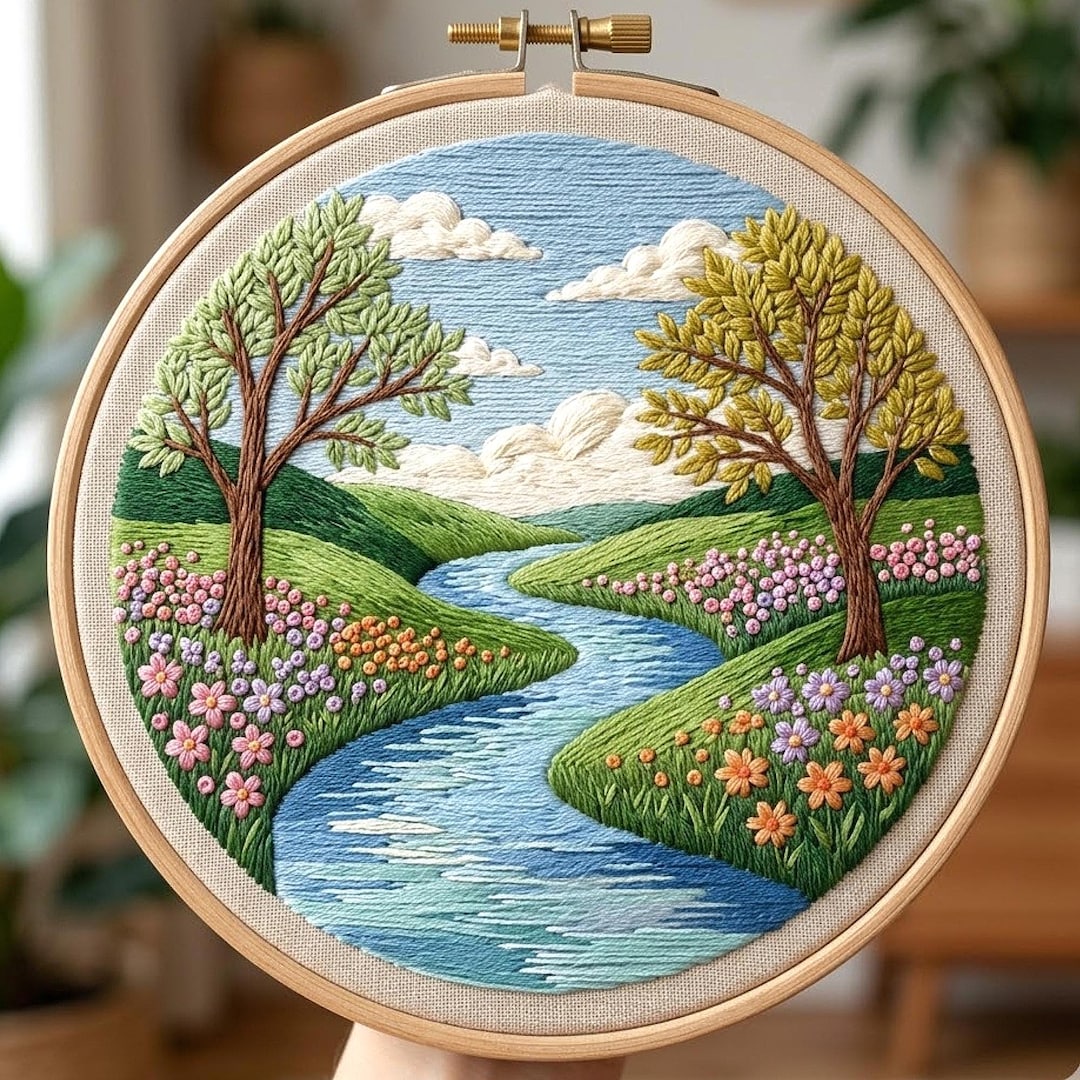 River Landscape Embroidery Pattern, Meadow Scene Hoop Art (digital ...