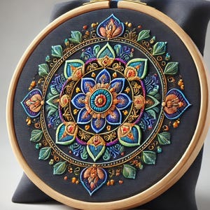 May include: A circular embroidery hoop with a colorful mandala design. The mandala features intricate details in shades of blue, green, orange, and gold. The embroidery is set against a dark blue background.