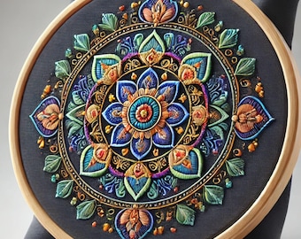 May include: A circular embroidery hoop with a colorful mandala design. The mandala features intricate details in shades of blue, green, orange, and gold. The embroidery is set against a dark blue background.