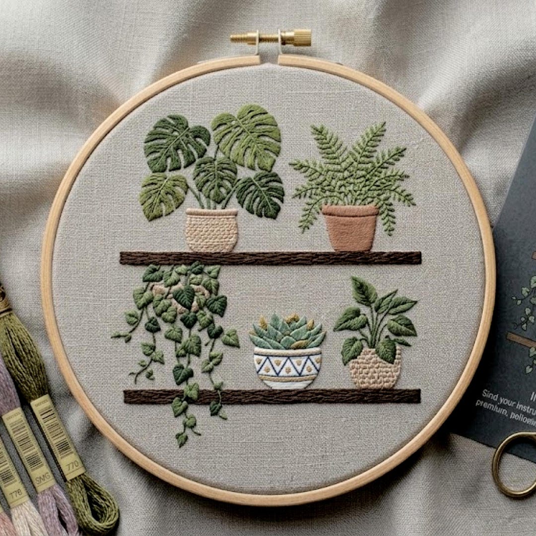 Scandinavian Plant Shelf Embroidery Pattern, Modern Botanical Hoop Art ...