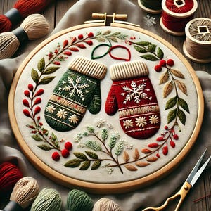 May include: Embroidered hoop art featuring a pair of red and green mittens with snowflake designs, surrounded by a wreath of green leaves and red berries.