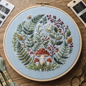 Peut inclure: Un tambour à broder circulaire contenant un tissu bleu clair avec un motif brodé à la main composé de trois champignons, de fougères, de petites fleurs blanches, de baies rouges et de glands bruns disposés en cercle.