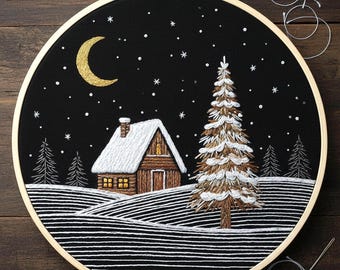 冬のキャビンナイト刺繍パターン｜モダンなクリスマスフープアートPDF｜初心者向け手刺繍デザイン