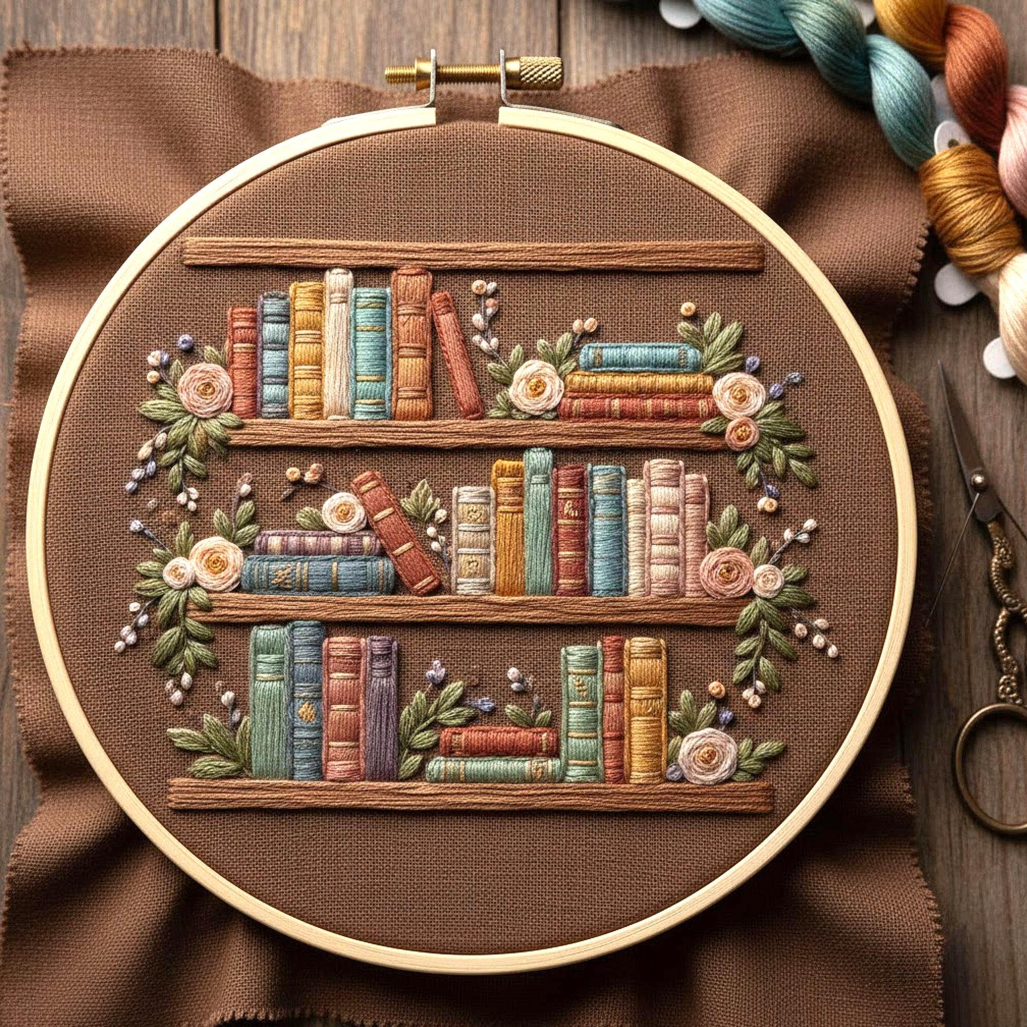 Vintage Bookshelf Embroidery Pattern, Floral Book Lover Hoop Art ...