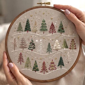 May include: A circular wooden embroidery hoop containing a beige fabric panel with hand-stitched designs of various evergreen trees in shades of green, red, white, and gold. The trees are arranged in three horizontal rows separated by wavy lines.
