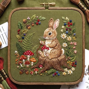 May include: An embroidered artwork featuring a brown bunny seated on a tree stump, stitching a red mushroom. The design includes colorful flowers, mushrooms, and foliage, all set against a green background within a wooden embroidery hoop. The artwork is detailed and whimsical.