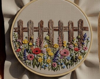 Wildflower Fence Embroidery Pattern – Rustic Garden Floral Hoop Art