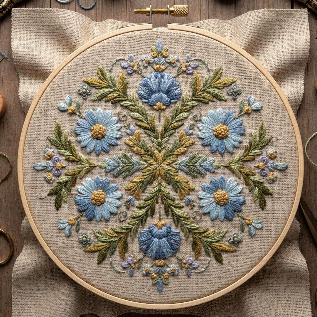 Blue Floral Embroidery Pattern PDF – Symmetrical Botanical Hoop Art ...