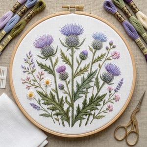 Wildblumen Distel Stickmuster, Botanische Wiese Blumen Stickmuster, Stickmuster (PDF Download)
