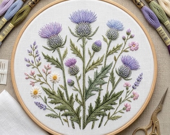 野花のアザミの刺繍パターン、植物の草原をモチーフにしたフープアート（PDFダウンロード）
