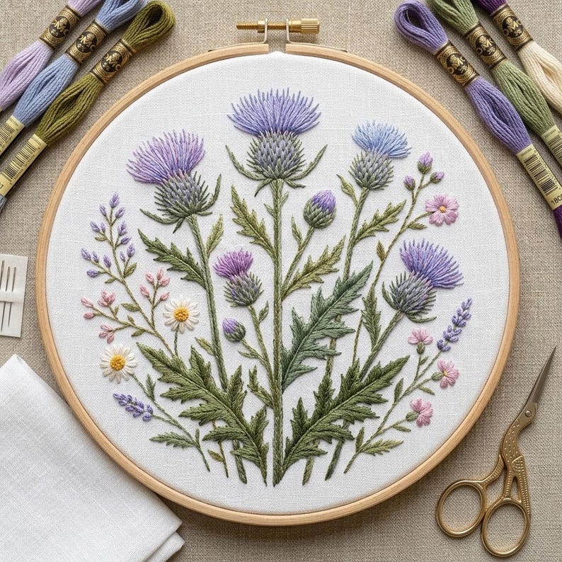 Wildflower Thistle Embroidery Pattern, Botanical Meadow Floral Hoop Art ...