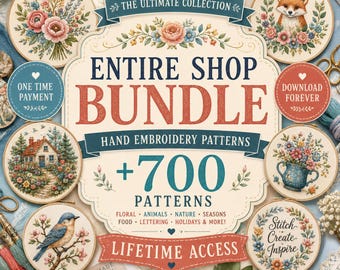 Whole Shop Hand Embroidery Pattern Bundle, Lifetime Access (Digital PDF Download)