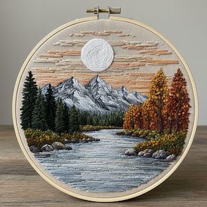 May include: Embroidered landscape art in a round wooden hoop. The scene features mountains, a river, trees, and a full moon. The colour palette includes shades of blue, green, orange, and white. The artwork is mounted on a beige fabric.