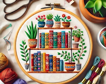 May include: Embroidered hoop art featuring a bookshelf with colorful books and potted plants. The bookshelf is on a white background and surrounded by embroidery floss.
