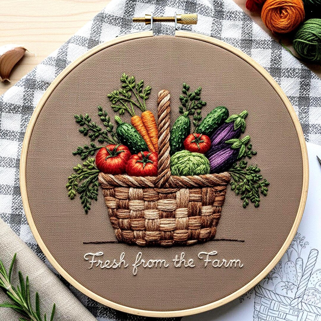 Fresh From the Farm Embroidery Pattern | Vegetable Basket Hand ...