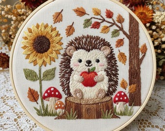 Autumn Hedgehog Embroidery Pattern | Fall Woodland Hoop Art (PDF Pattern)