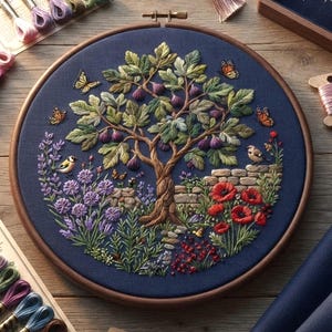 May include: A circular embroidery hoop featuring a detailed needlework scene on dark blue fabric. The design depicts a central fig tree with purple fruit, surrounded by lavender, red poppies, small birds, and butterflies in a garden setting.