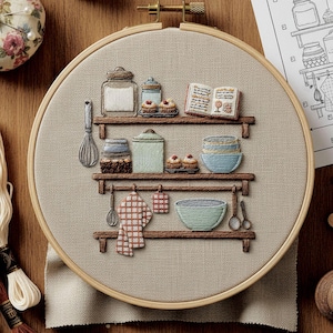 May include: Embroidered kitchen scene in a wooden hoop. The design features shelves with jars, cupcakes, bowls, and a cookbook. A whisk, spoon, and checkered tea towel hang below. The colour palette includes beige, brown, blue, and white, creating a cosy, handcrafted aesthetic.