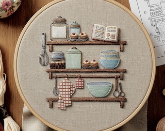 May include: Embroidered kitchen scene in a wooden hoop. The design features shelves with jars, cupcakes, bowls, and a cookbook. A whisk, spoon, and checkered towel hang below. The color palette includes beige, brown, blue, and white, creating a cozy, handcrafted aesthetic.