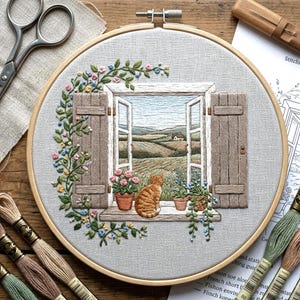 Puede incluir: Arte de aro bordado que presenta una escena detallada de un gato en una ventana con vistas a un paisaje rural. La ventana tiene contraventanas de madera y está adornada con bordados florales. La paleta de colores incluye verdes, marrones y azules. Diámetro aprox. 20 cm.