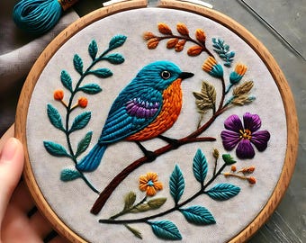 Bird Embroidery Pattern: Floral Beginner DIY (Digital PDF)