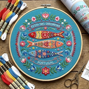 フェスタ ダス サルディーニャス刺繍パターン、民芸イワシのフープ アート (デジタル ダウンロード)