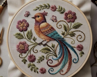 Patrón de bordado floral de pájaro vintage: arte de bordado a mano en bastidor (PDF)