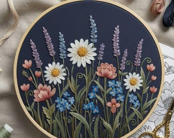 Motif de broderie prairie de fleurs sauvages, cerceau floral Art Design, broderie à la main pour débutant PDF