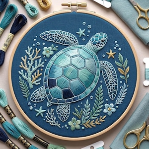 ウミガメの刺繍パターン、海洋生物のフープアート（デジタルダウンロード）