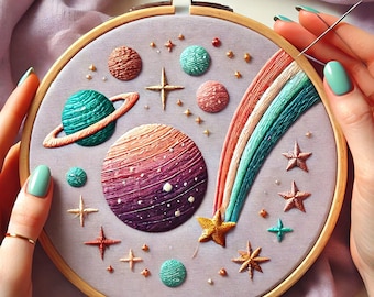 Pastel Galaxy Embroidery Kit with Dreamy Space Design, Hand Embroidery Pattern, PDF Digital Download, Modern Embroidery Patterns