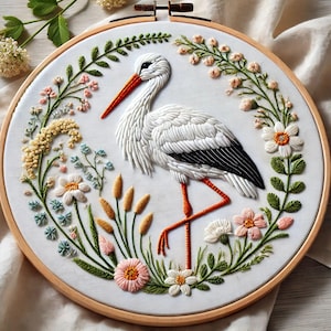 Patrón de bordado de cigüeña y flores silvestres: elegante diseño de pájaro