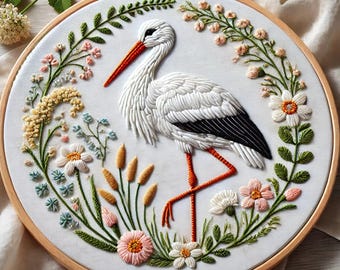 Stork and Wildflowers Embroidery Pattern: Elegant Bird Design