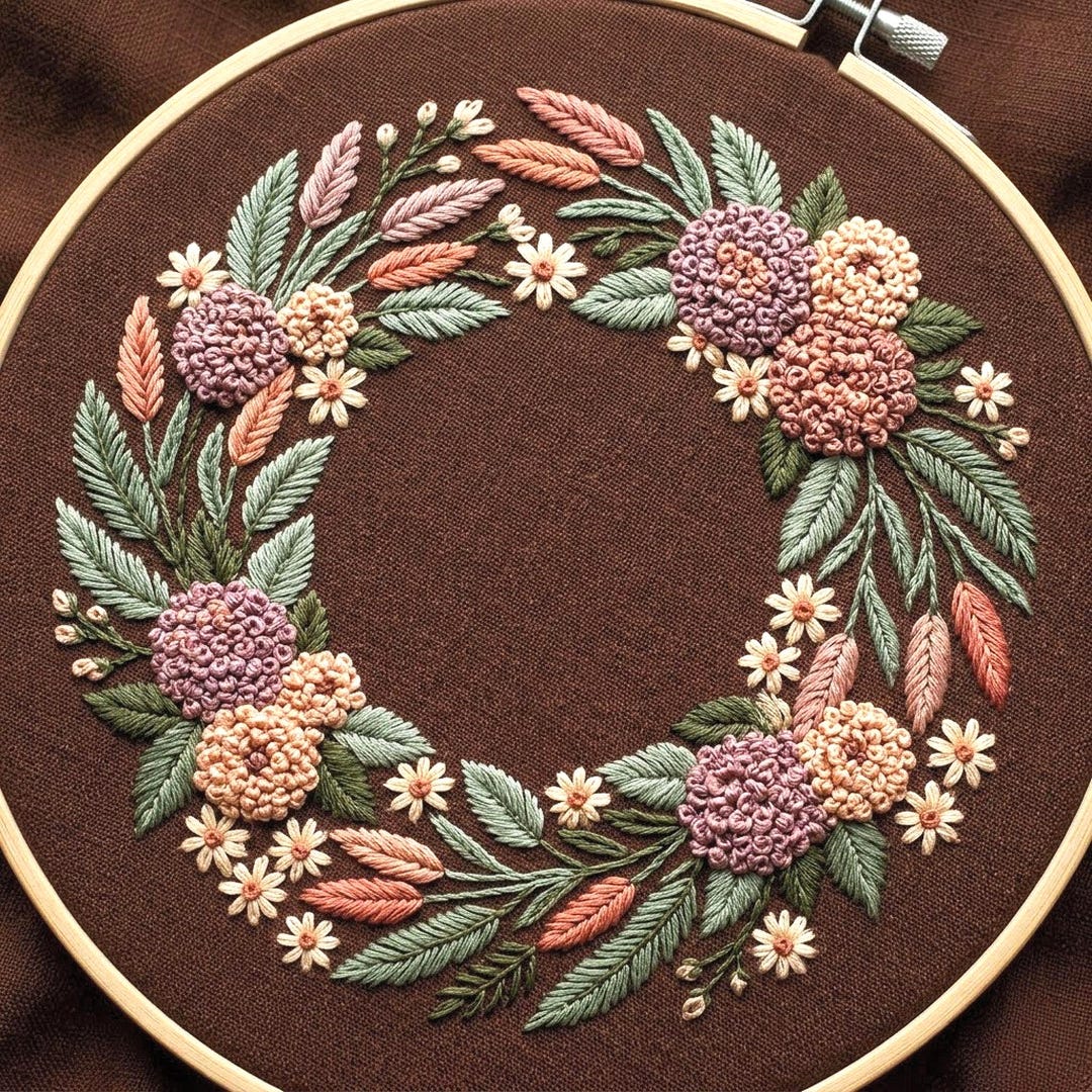 Boho Floral Wreath Embroidery Patterns, Cottagecore Botanical Hoop Art ...