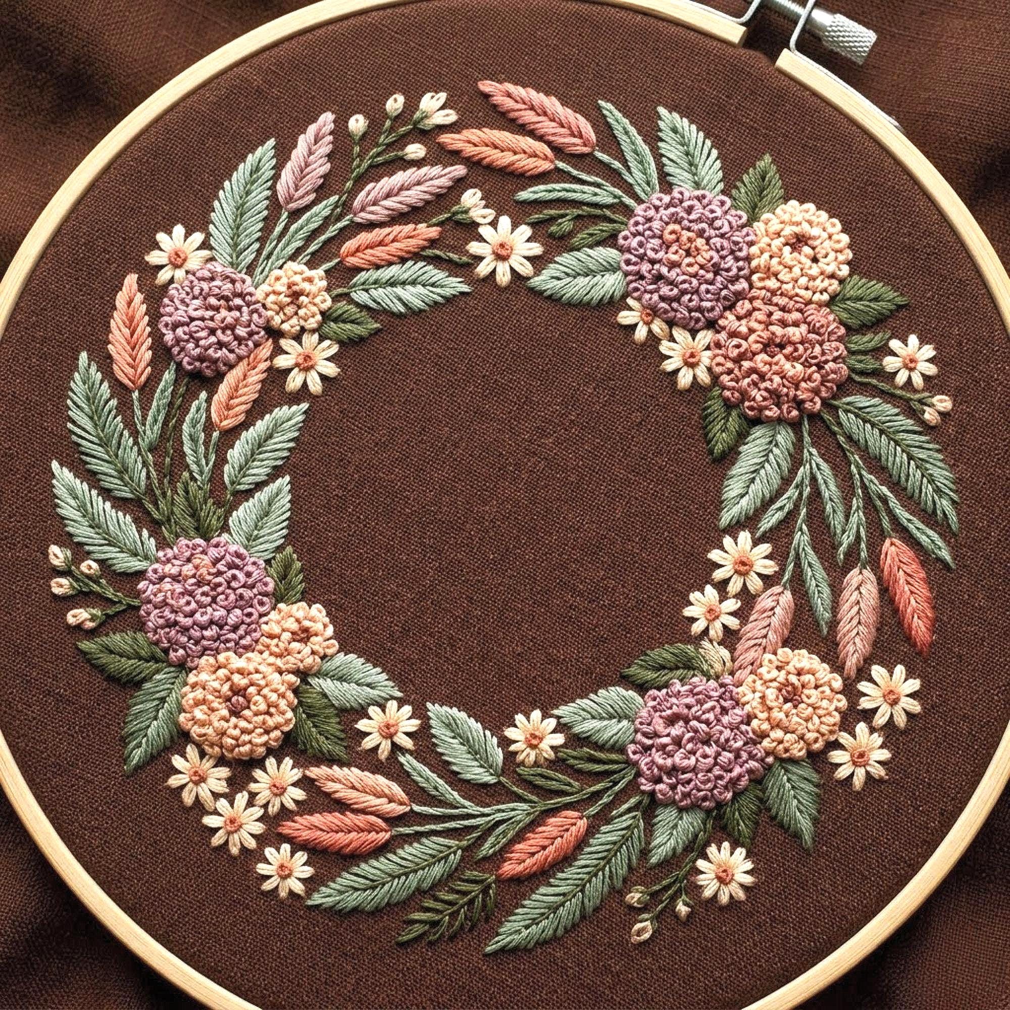 Boho Floral Wreath Embroidery Patterns, Cottagecore Botanical Hoop Art ...
