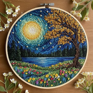 May include: Hand-stitched embroidery art in a wooden hoop. The design features a night scene with a yellow moon, a tree with golden leaves, a lake, and a field of colorful flowers. The sky is a deep blue with embroidered stars.