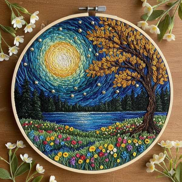 Broderimönster för månbelyst landskap • Scenisk natthimmel PDF • Modern handbroderidesign för nybörjare