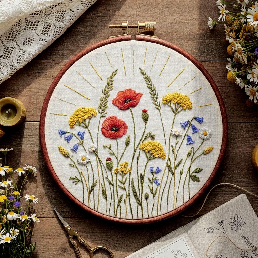 Wildflower Sun Meadow Hand Embroidery Pattern | Vintage Floral Hoop Art ...