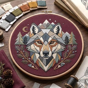 May include: A circular wooden embroidery hoop containing a geometric wolf head design stitched onto deep burgundy fabric. The wolf is surrounded by embroidered mountains, pine trees, a crescent moon, stars, and pine branches with small blue berries.