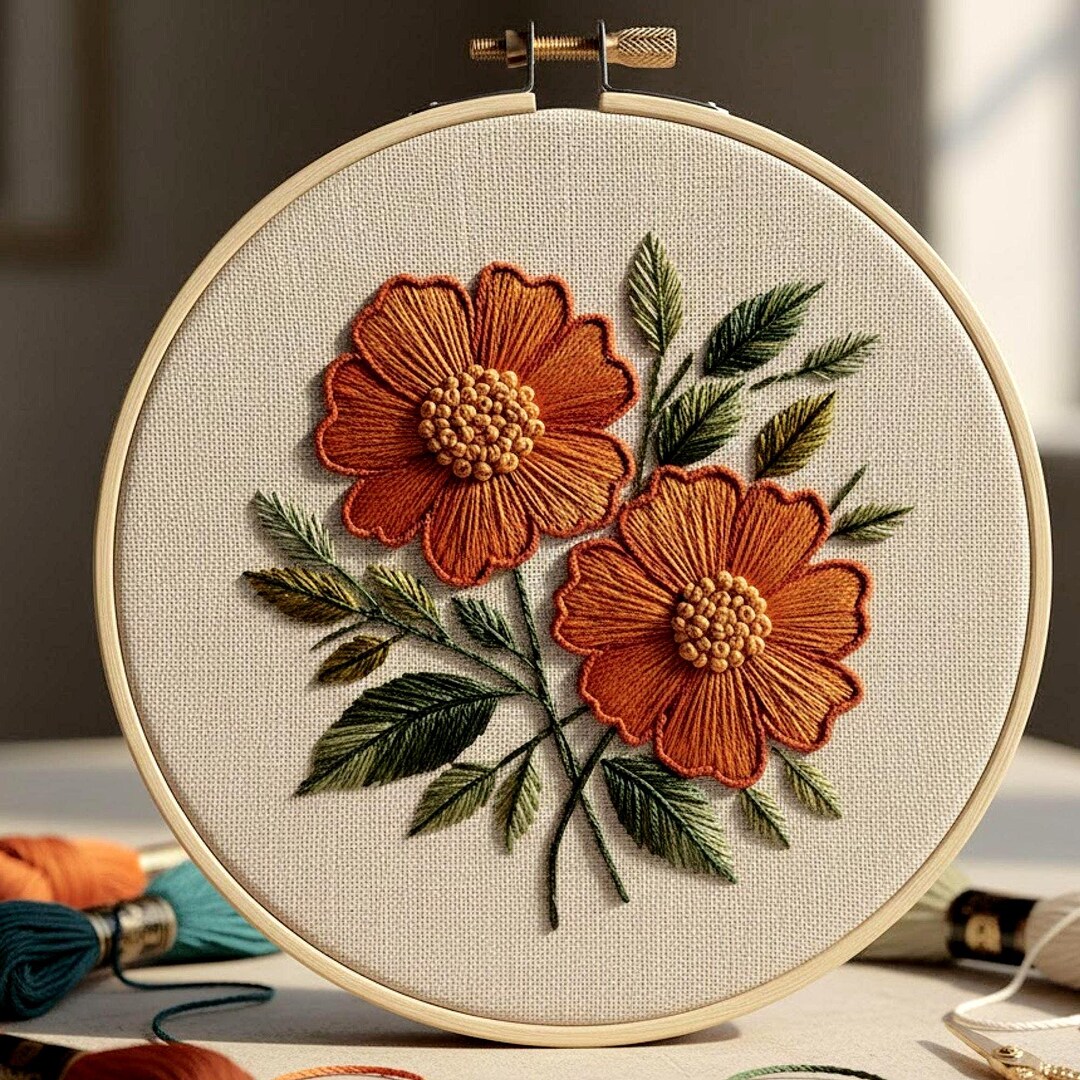 Terracotta Floral Hand Embroidery Pattern, Vintage Botanical Hoop Art ...