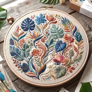 May include: A circular wooden embroidery hoop containing a beige fabric panel with a dense, colorful botanical design. The embroidery features various tropical leaves, flowers, and berries in shades of blue, green, orange, and pink.