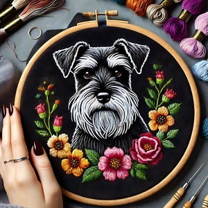 Patrón de bordado de Schnauzer: Retrato floral de perro (descarga digital)