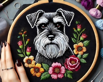 Schnauzer Embroidery Pattern: Floral Dog Portrait (Digital Download)