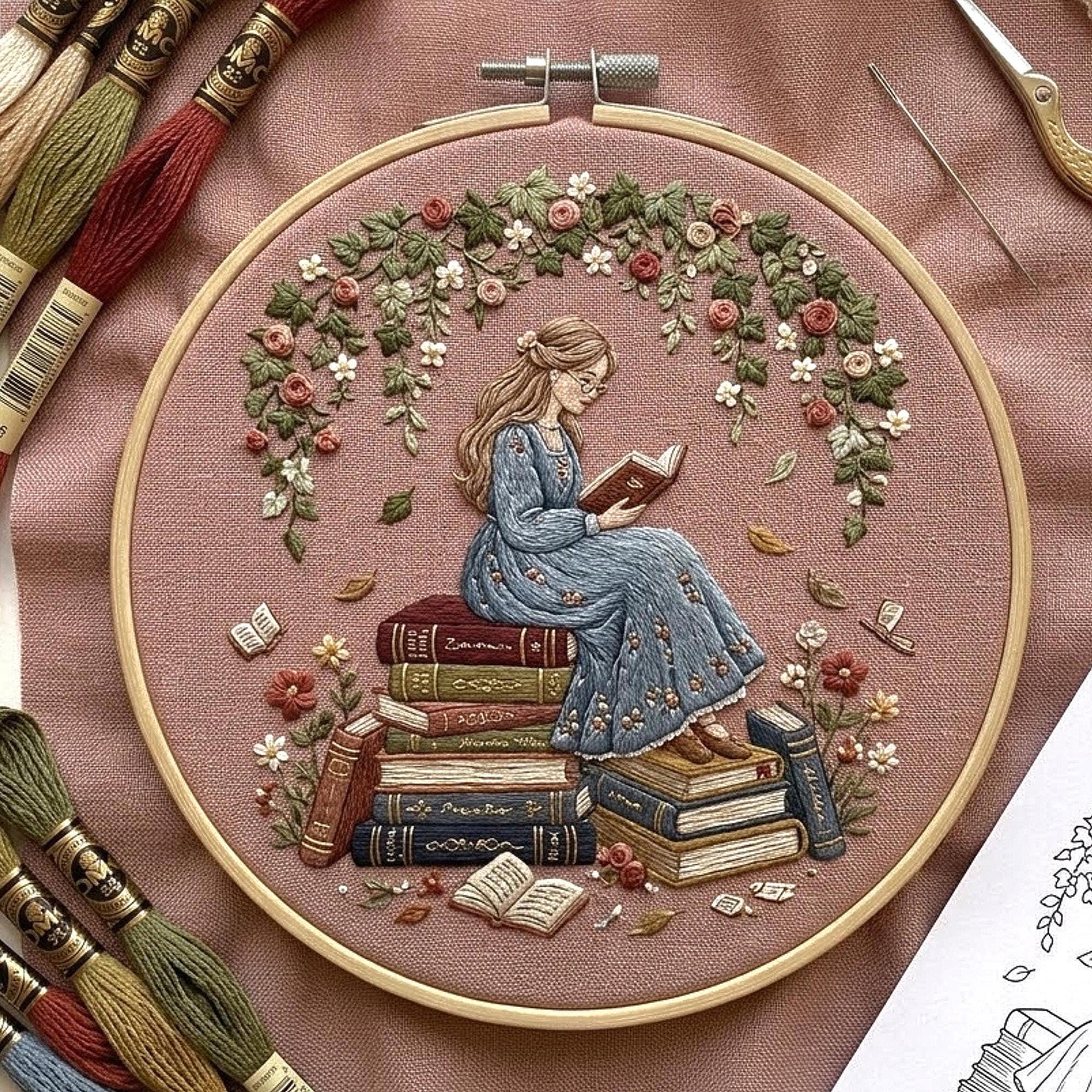 Romantic Book Lover Embroidery Pattern, Cottagecore Floral Hoop Art ...