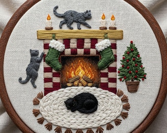 Patrón de bordado para chimenea de gatos acogedores • Escena navideña invernal (Descarga PDF)