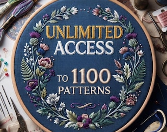 May include: A circular wooden embroidery hoop containing dark blue fabric with the embroidered text UNLIMITED ACCESS TO 1100 PATTERNS in gold and white. The text is surrounded by a detailed floral wreath of purple and pink flowers.